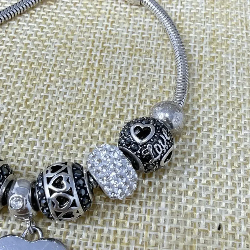 Sterling Silver Fiora Italy Love Charm Bracelet Black White Rhinestone 7 inch